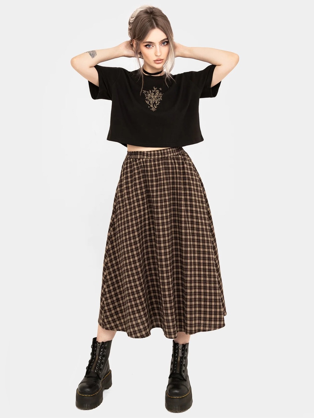 Disturbia Terra Cotton Check Midi Skirt - Brown